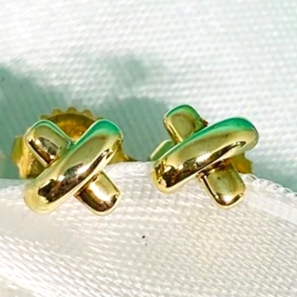 Tiffany & Co. Cross Stitch Earrings Yellow Gold 18K 750 X Stud - Picture 1 of 6